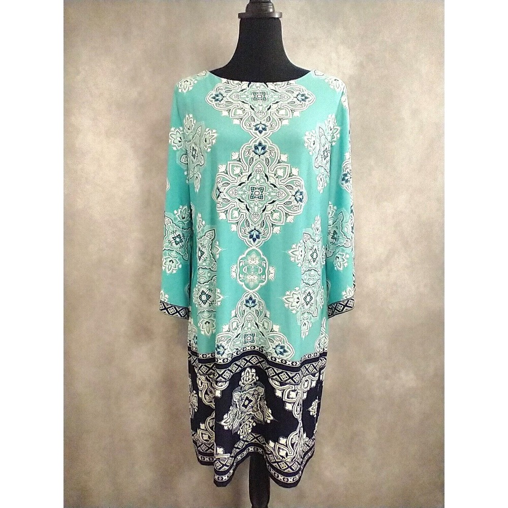 Studio One NY Paisley Print 3/4 Sleeve Sheath Dress Size L Turquoise White Black